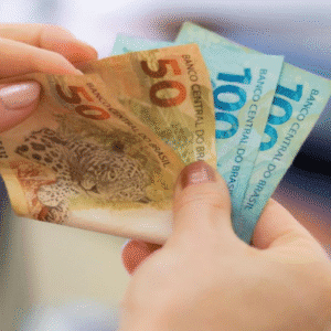Pessoa trocando dinheiro brasileiro de cinquenta e dez reais, destaque para notas coloridas e detalhes das cédulas.