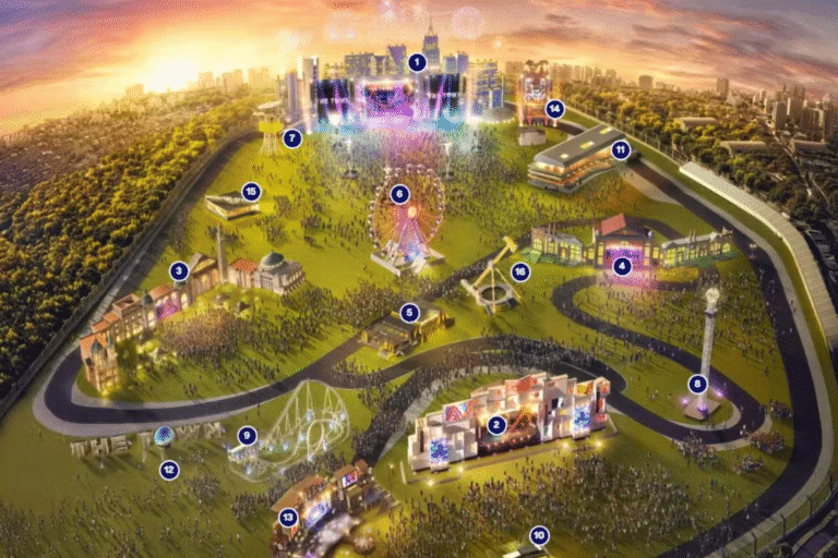 Mapa do The Town ao ar livre em um parque urbano apresenta várias atrações, shows, roda-gigante, palco principal, cena iluminada, e uma multidão de espectadores desfrutando da celebração ao pôr do sol.