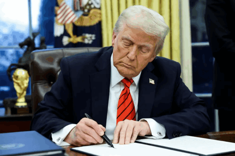 Imagem do presidente Donald Trump assinando um documento no escritório com uma expressão séria, simbolizando liderança e política nos Estados Unidos.