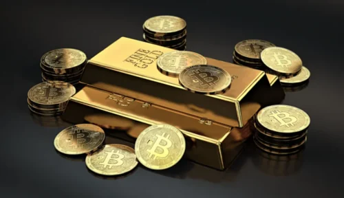 Barras de ouro e moedas de Bitcoin para ilustarar a matéria sobre a alternativa ao dólar como reserva global