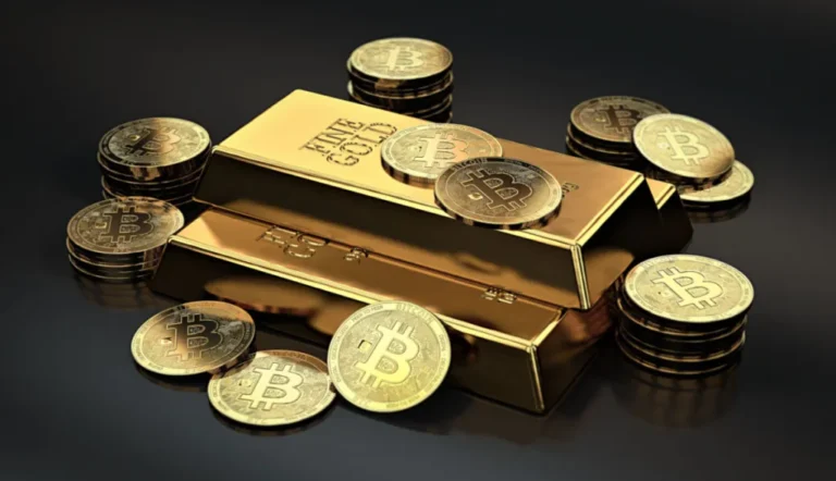 Barras de ouro e moedas de Bitcoin para ilustarar a matéria sobre a alternativa ao dólar como reserva global