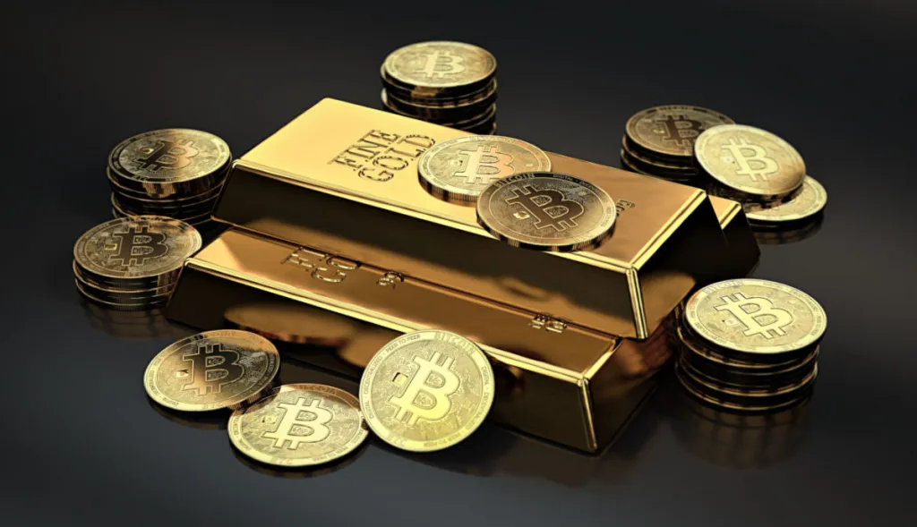Barras de ouro e moedas de Bitcoin para ilustarar a matéria sobre a alternativa ao dólar como reserva global