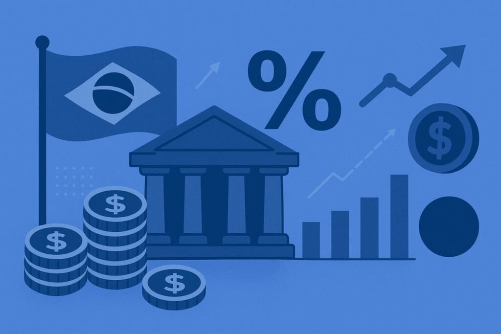 Ilustração sobre economia brasileira com moedas, gráfico, banco e porcentagem, representando o comitê de política monetária.