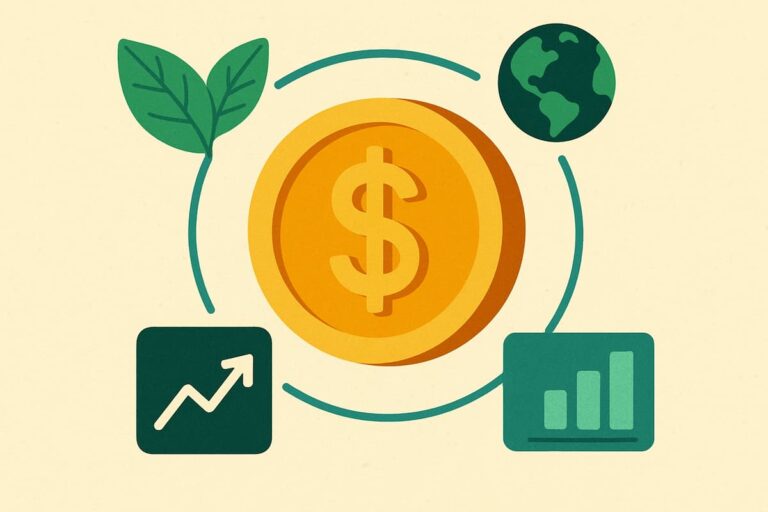 Moeda com símbolo de dólar cercada por ícones de folha, gráfico de barras e globo, representando blended finance sustentável.