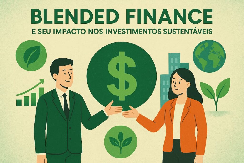 Ilustração sobre blended finance em investimentos sustentáveis com símbolos de dinheiro, folhas e impacto ambiental.