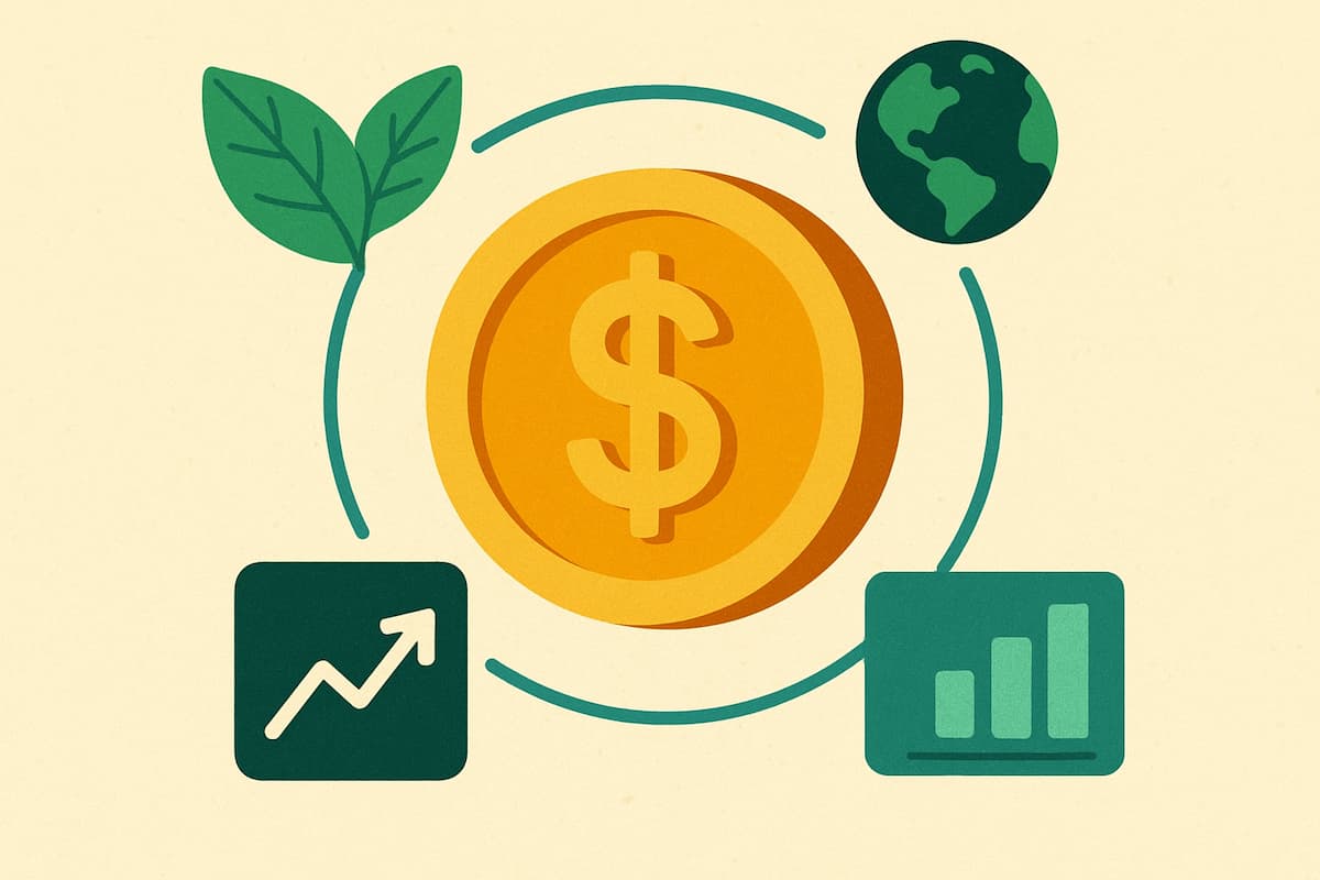 Moeda com símbolo de dólar cercada por ícones de folha, gráfico de barras e globo, representando blended finance sustentável.