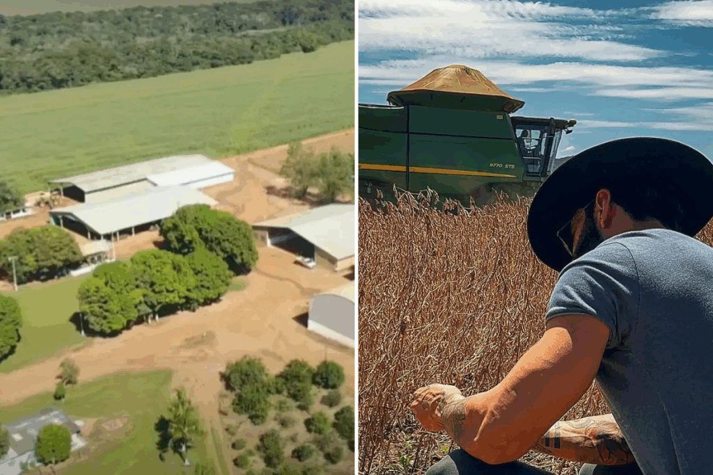 Montagem com vista de cima da fazenda de Gusttavo Lima, ao lado de uma foto do cantor de costas. 
