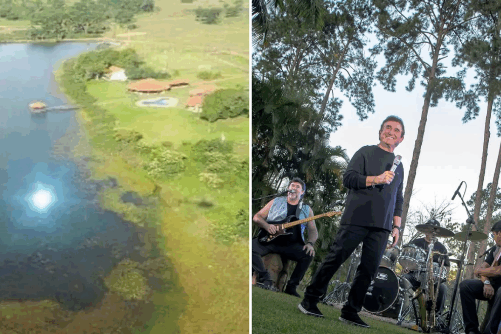 Montagem com vista de cima da fazenda de Amado Batista, ao lado de uma foto do cantor. 