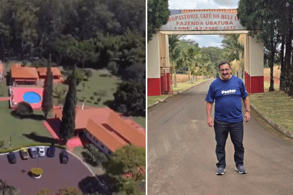 Montagem com foto da vista de cima da fazenda Ubatuba, ao lado de uma foto do apresentador Ratinho
