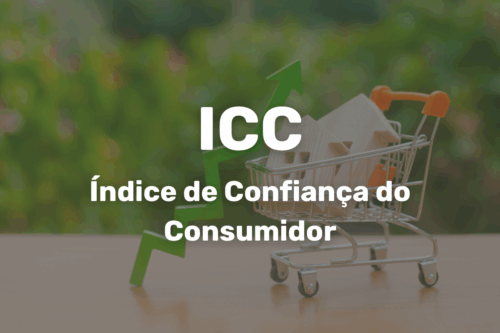 Imagem conceitual do Índice de Confiança do Consumidor (ICC) representado por uma loja de carrinho de supermercado com uma casa de papel dentro, com uma seta apontando para cima, simbolizando crescimento e confiança.