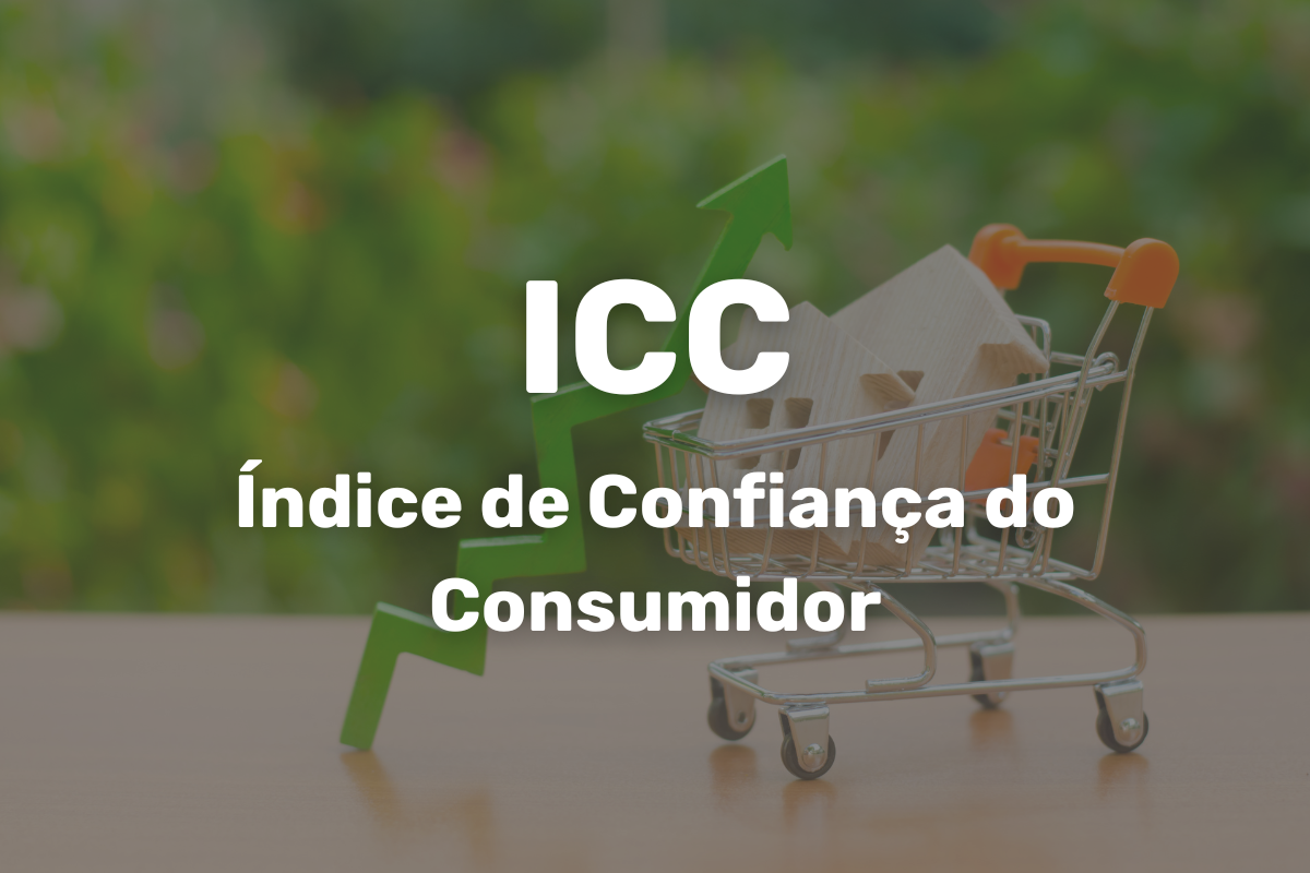 Imagem conceitual do Índice de Confiança do Consumidor (ICC) representado por uma loja de carrinho de supermercado com uma casa de papel dentro, com uma seta apontando para cima, simbolizando crescimento e confiança.