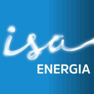 Logo da Isa Energia com estilo de letras de luz brilhante em fundo azul, destacando a marca.