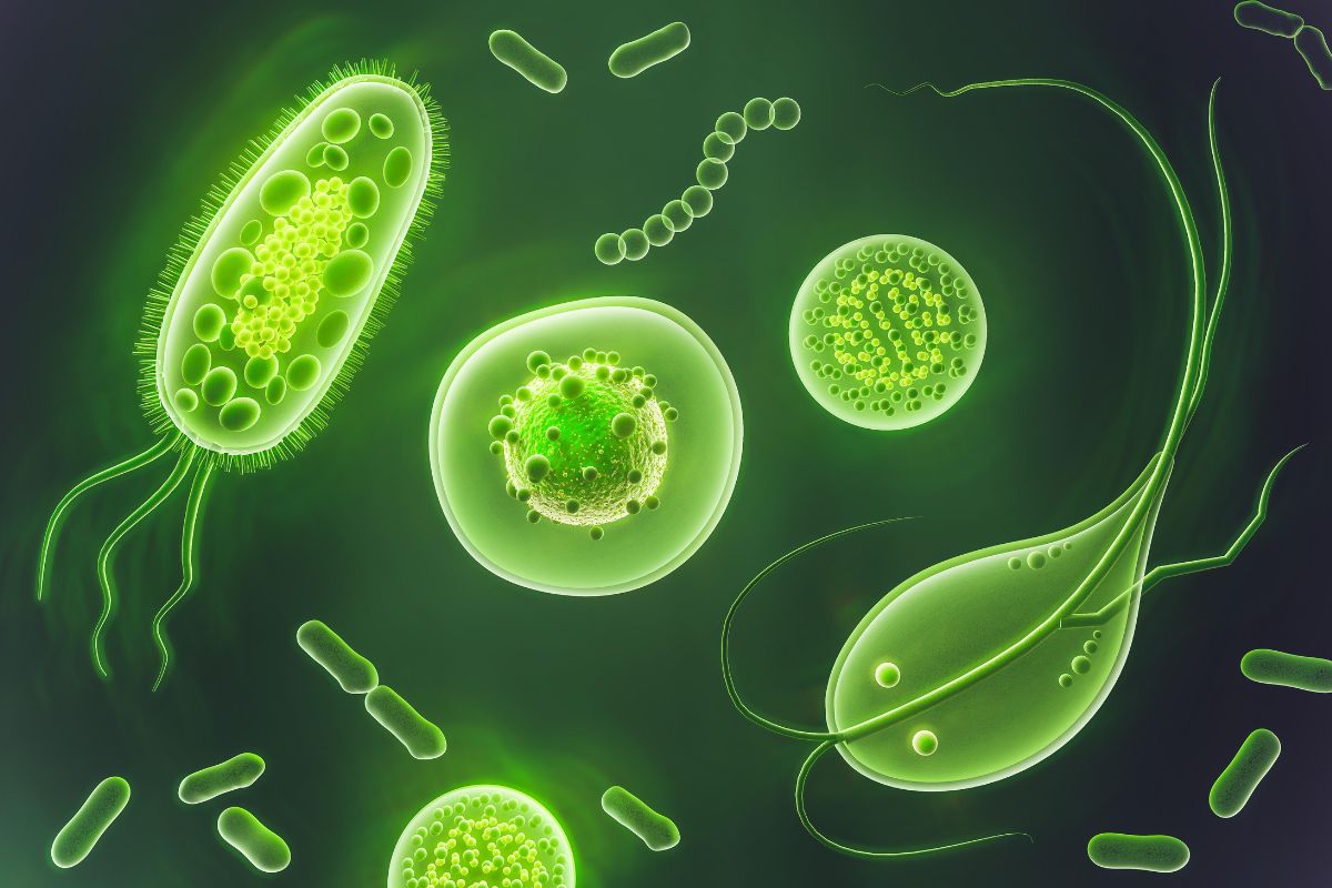 Imagem ilustrativa de vários microrganismos e bactéria em fundo escuro, destacando sua importância na microbiologia e na saúde.