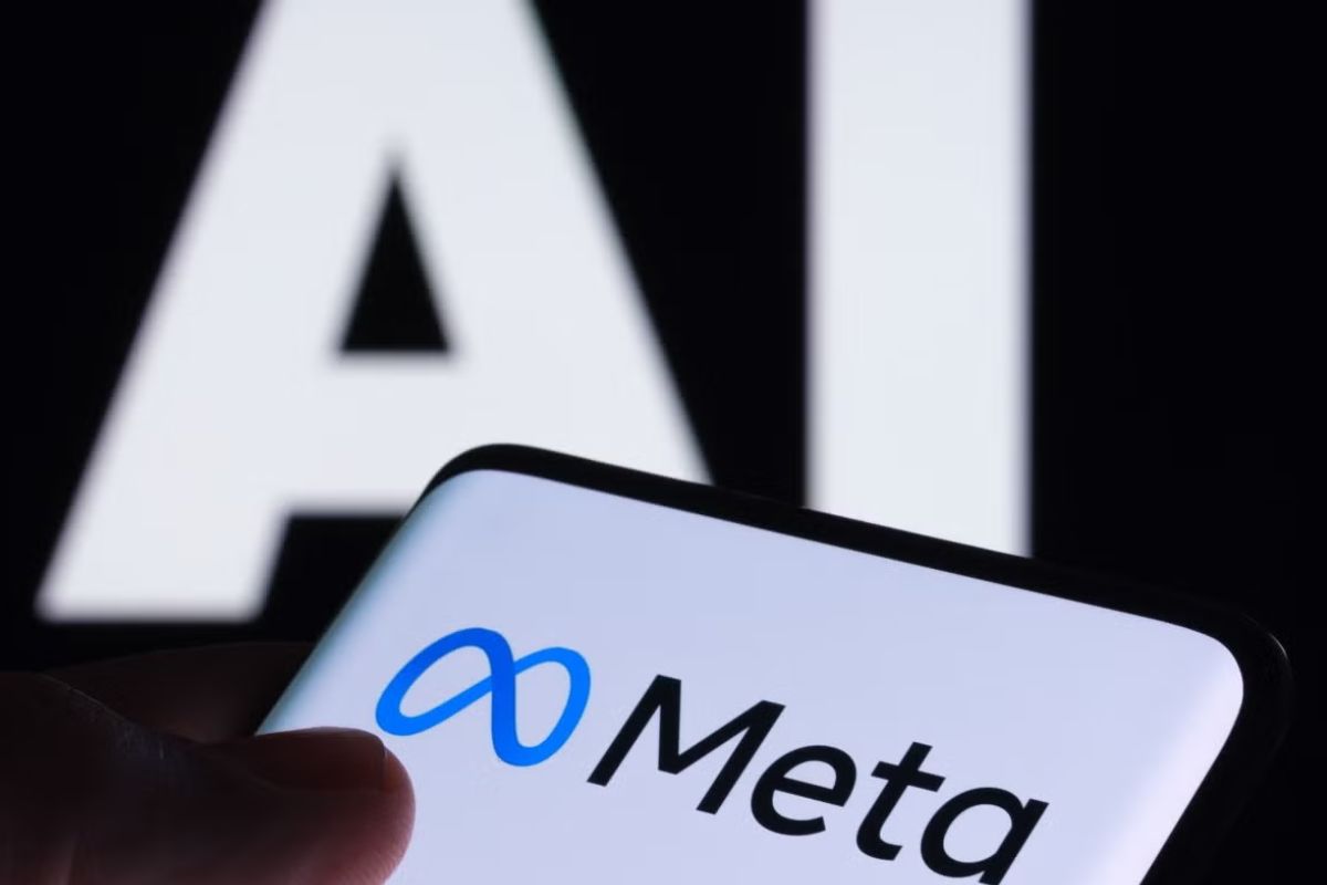 Imagem de um smartphone exibindo o logo do Meta, a empresa por trás do Facebook e Instagram, com fundo escuro e destaque para a marca Meta.