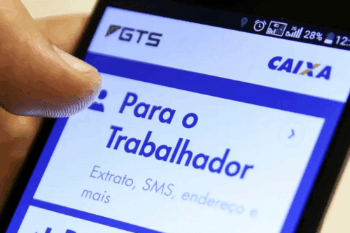 Tela de aplicativo de celular exibindo serviço de pagamento para trabalhadores pelo banco Caixa Econômica Federal, com destaque para o saldo e o símbolo da GTS.