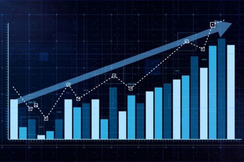 Gráfico financeiro com barras e linha de tendência crescente representando as ações brasileiras que se beneficiam do corte de juros do Fed.