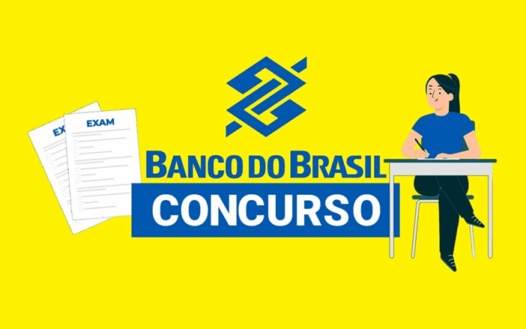 Ilustração de um candidato estudando para provas, representando a preparação para o concurso do Banco do Brasil