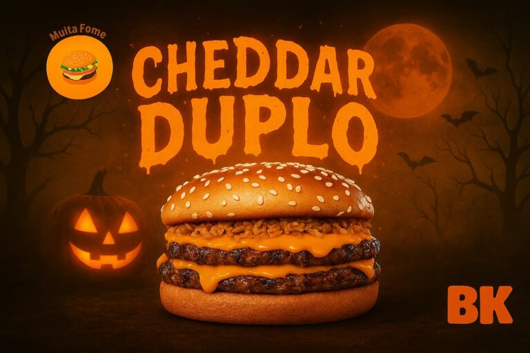 Hambúrguer grátis no Halloween do Burger King com o Cheddar Duplo em destaque e fundo temático.