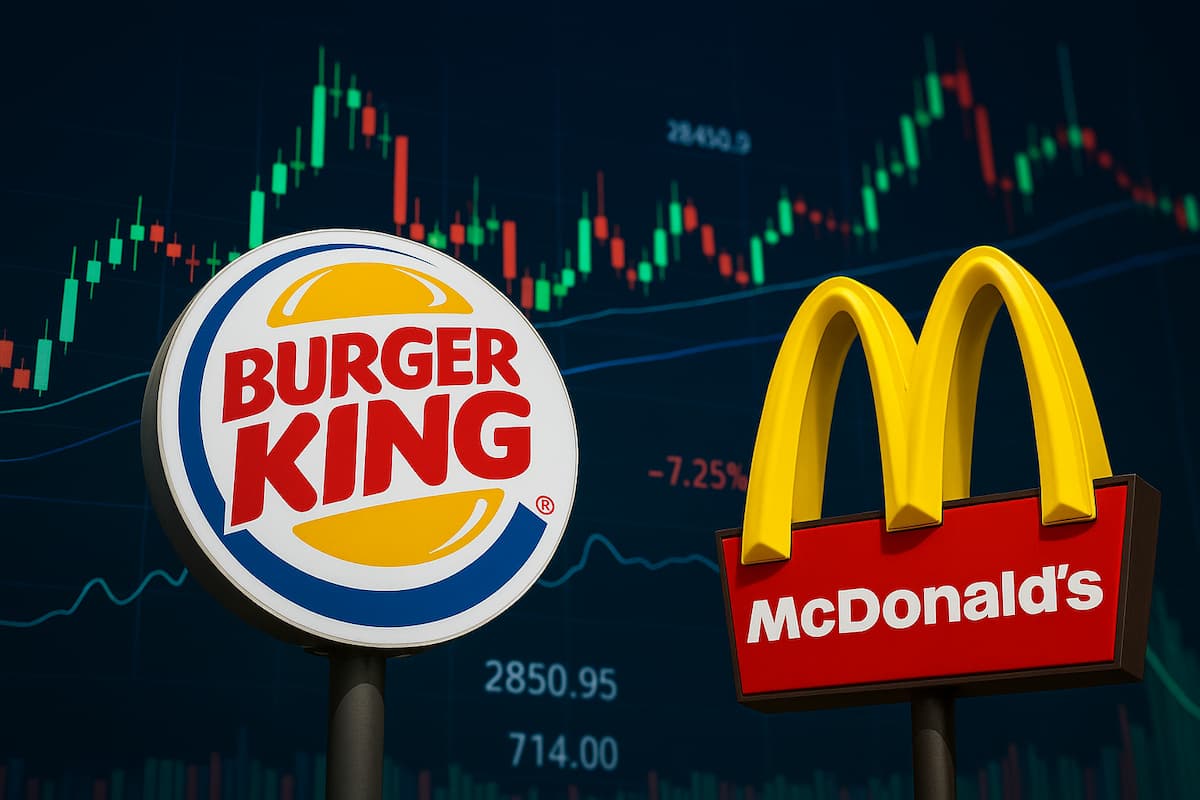 Logos do Burger King e McDonald’s em frente a gráfico financeiro representando rivalidade no mercado global.
