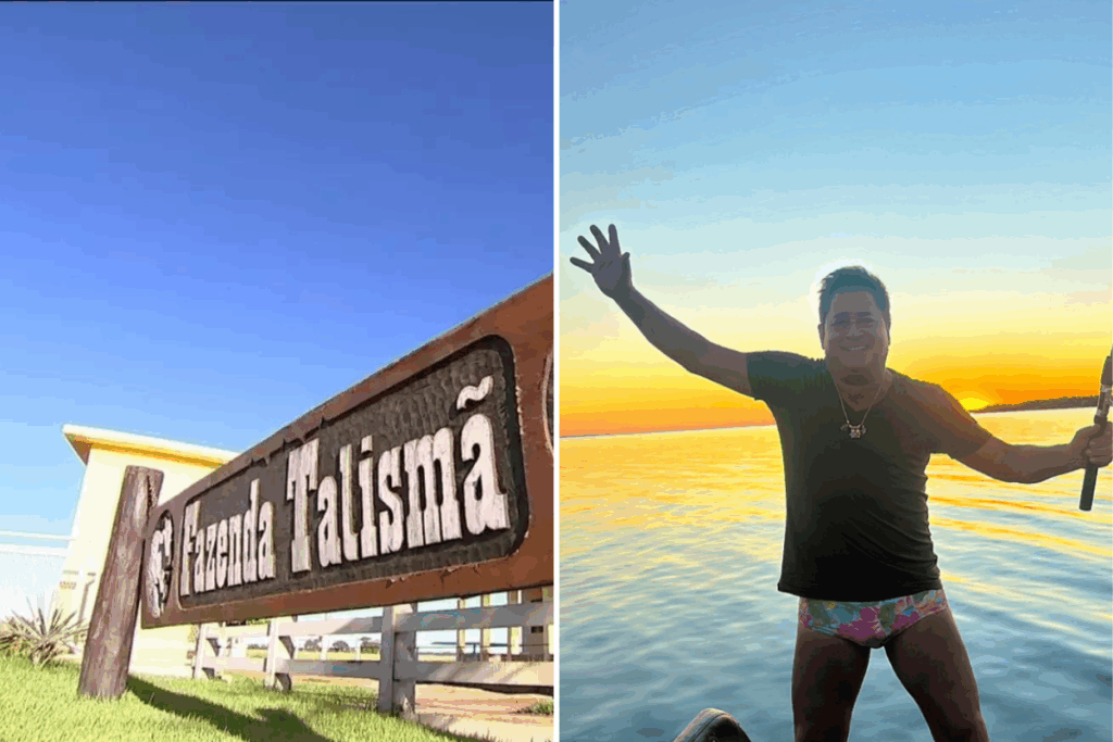 Montagem com placa da fazenda talismã., ao lado de uma foto do cantor Leonardo. 