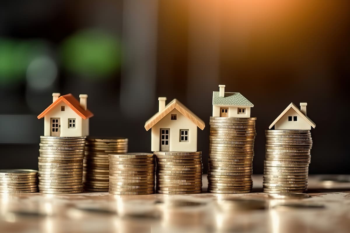 Casas em miniatura sobre pilhas de moedas simbolizando crescimento e rentabilidade de fundos imobiliários para investir em outubro de 2025.