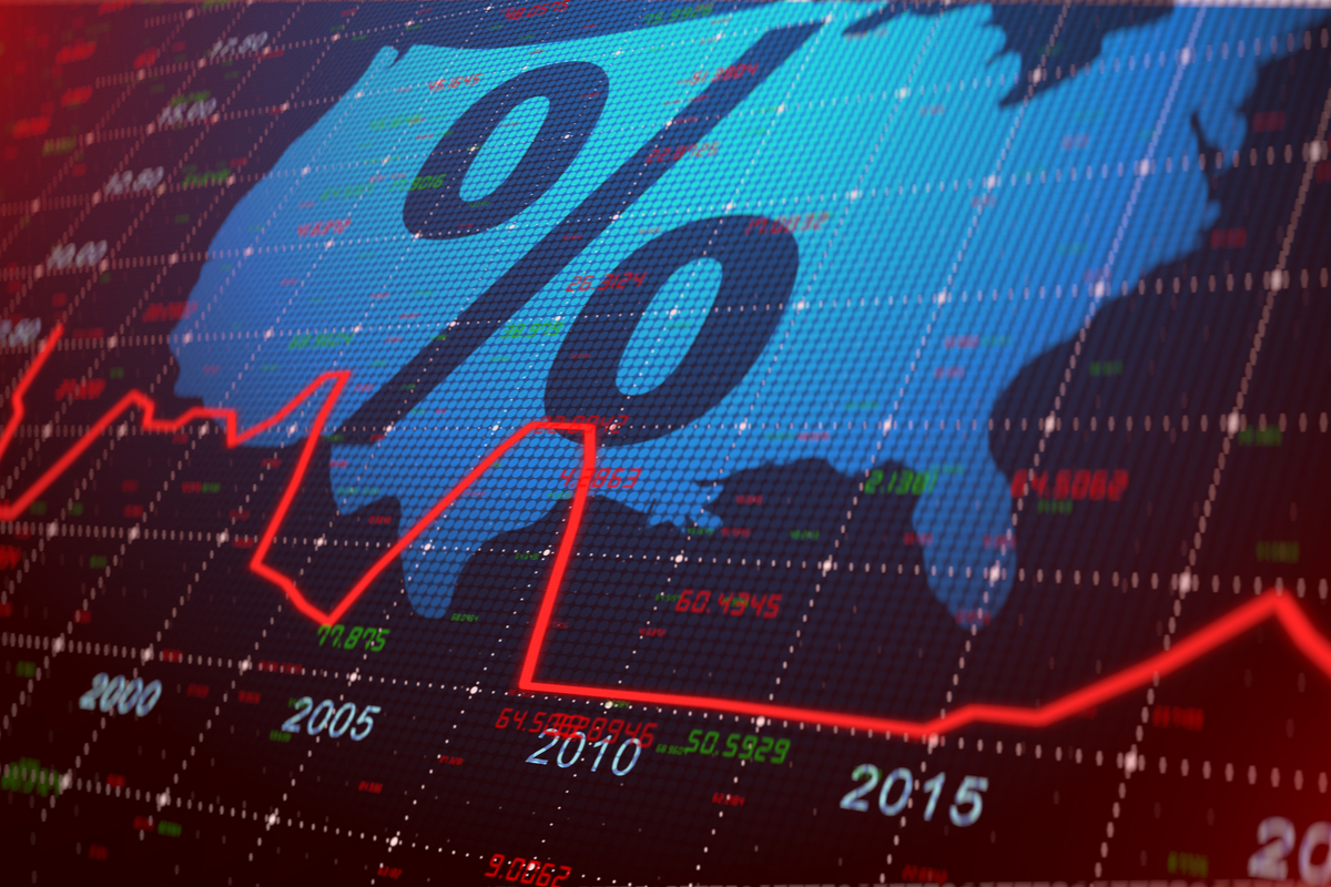 Gráfico com mapa dos Estados Unidos e símbolo de porcentagem representa a trajetória dos juros americanos ao longo dos anos.