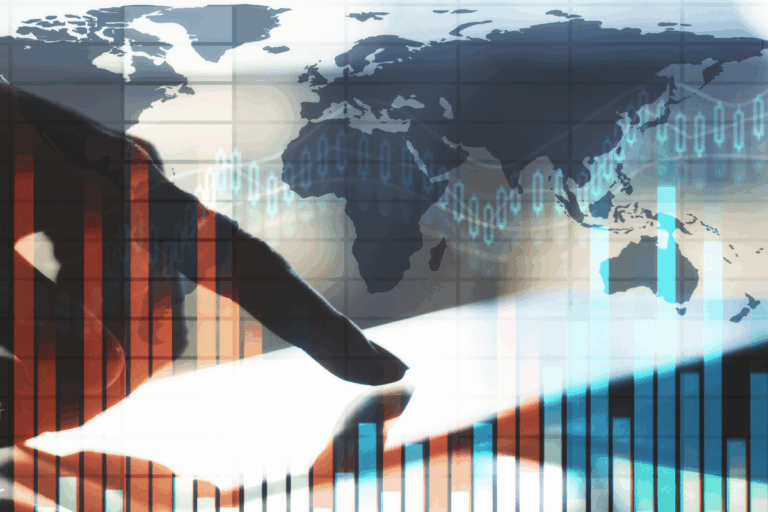 Imagem de um gráfico financeiro com um mapa mundial ao fundo.