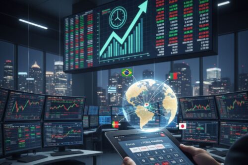 Sala de monitoramento de mercado financeiro com telas mostrando gráficos de alta, um globo terrestre destacando o Brasil e a data da Ata do FOMC (19 de Novembro) em um tablet. Ilustra a vigilância do mercado sobre o Relatório Focus, IBC-Br e a política monetária global.