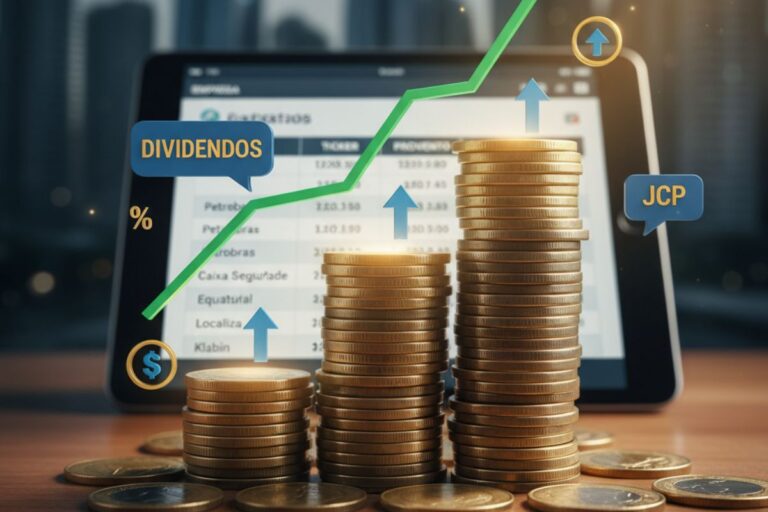 Pilha de moedas de ouro e uma seta verde ascendente simbolizando crescimento financeiro, com um tablet ao fundo mostrando uma tabela de proventos de empresas como Petrobras, Equatorial e Localiza. Balões de texto apontam para 'Dividendos' e 'JCP