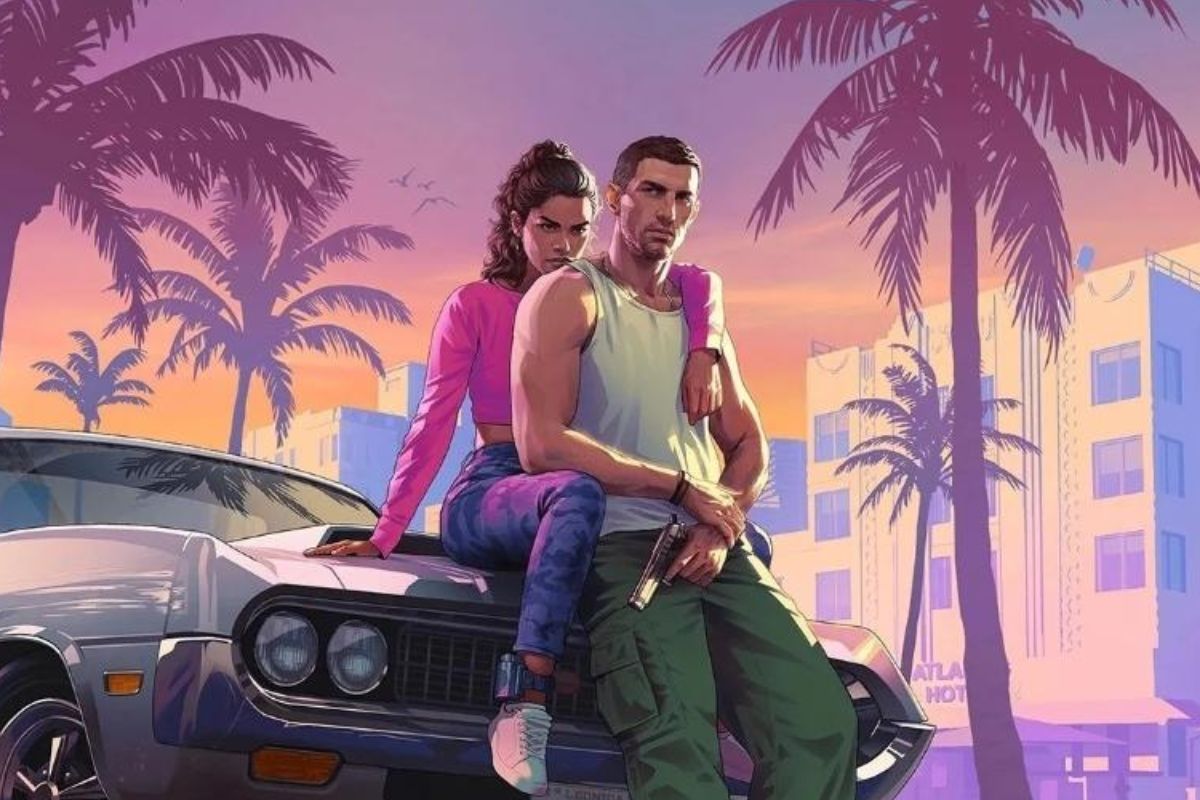 pôster de GTA: os personagens principais, Lucia e Jason, sentados no capô de um carro esportivo clássico.