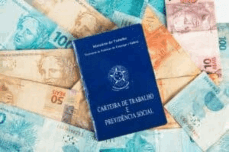 Carteira de Trabalho e Previdência Social (CTPS) brasileira, na cor azul, centralizada sobre diversas notas de Real (R$) do Brasil. As notas visíveis incluem valores de R$ 10, R$ 50 e R$ 100