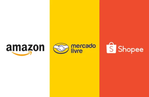Imagem com as logos da Amazon, do Mercado Livre e da Shopee,
