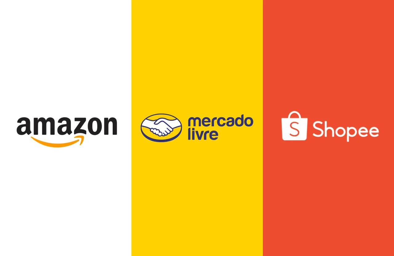 Imagem com as logos da Amazon, do Mercado Livre e da Shopee,