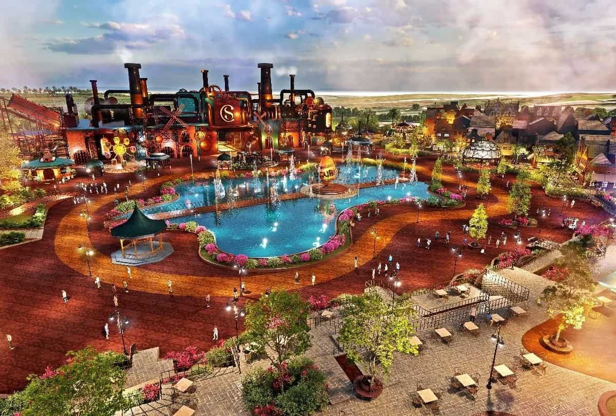 Imagem ilustrativa do Cacau Park, parque temático da Cacau Show em Itu com lago central e áreas de lazer iluminadas.