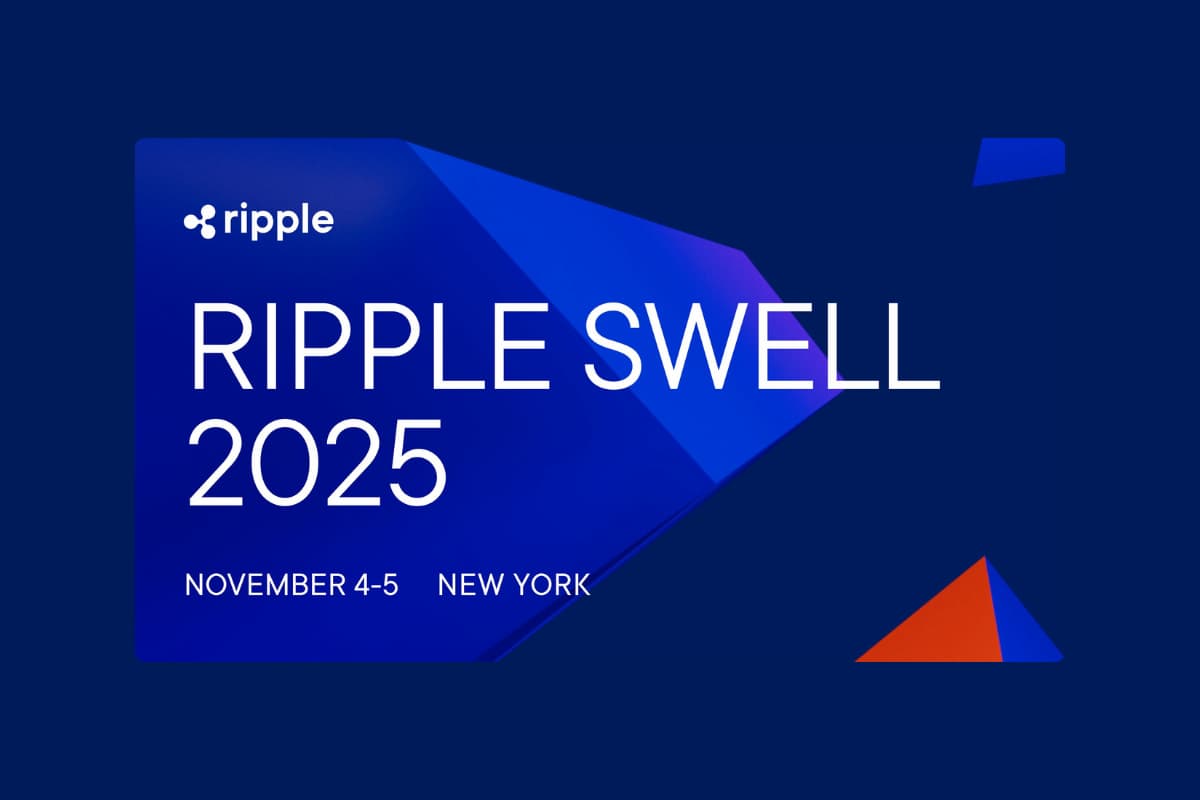 Banner do Ripple Swell 2025 em Nova York, com datas do evento e design em tons de azul e detalhes geométricos.