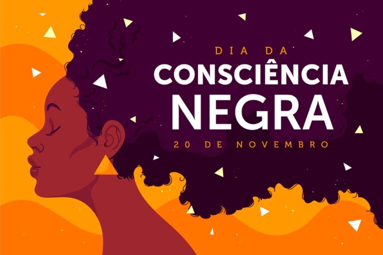 Ilustração para o Dia da Consciência Negra. O texto diz "DIA DA CONSCIÊNCIA NEGRA" em letras brancas, e "20 DE NOVEMBRO" abaixo. À esquerda, o perfil de uma mulher negra com um grande e volumoso cabelo crespo, em um fundo roxo e laranja com elementos gráficos triangulares brancos e amarelos.