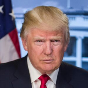 Retrato de Donald Trump diante da bandeira dos EUA e do prédio da Casa Branca ao fundo.