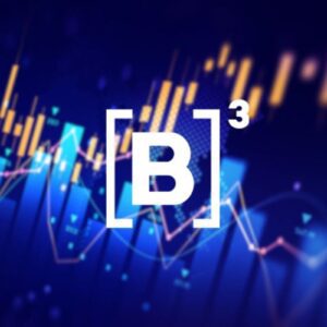 Logotipo da bolsa de valores brasileira com fundo de gráfico de ações e linhas de tendência em tom azul.