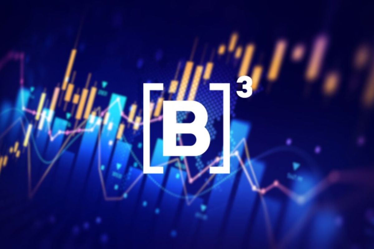 Logotipo da bolsa de valores brasileira com fundo de gráfico de ações e linhas de tendência em tom azul.