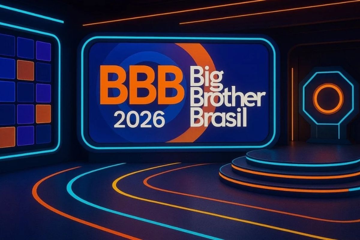 Logo e cenário do BBB 2026 (Big Brother Brasil) em um estúdio futurista, com cores laranja e azul neon. A logo "BBB 2026 Big Brother Brasil" está em destaque no telão principal.