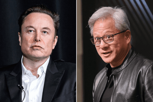 Montagem com fotos dos bilionários Elon Musk e Jensen Huang.