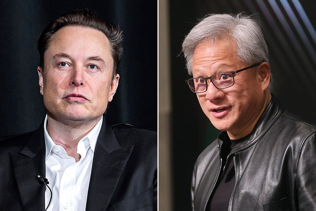 Montagem com fotos dos bilionários Elon Musk e Jensen Huang.