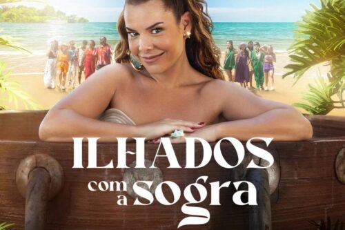 Pôster de divulgação do reality show brasileiro "Ilhados com a Sogra". A apresentadora, Fernanda Souza, está em primeiro plano, sorrindo e apoiada na borda de um grande barril de madeira rústica, vestindo um tomara que caia claro.