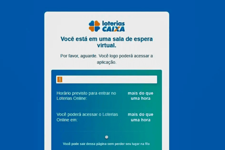 Captura de tela do portal Loterias Online da Caixa Econômica Federal exibindo uma mensagem de sala de espera virtual.