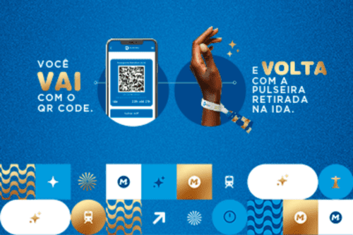 Peça publicitária do MetrôRio em fundo azul com detalhes dourados. À esquerda, um smartphone exibe um QR Code de passagem; à direita, uma mão usa uma pulseira azul e branca. O texto central diz: 'Você vai com o QR Code e volta com a pulseira retirada na ida'. Na base, há ícones estilizados do calçadão de Copacabana, do Cristo Redentor e do logo do Metrô.