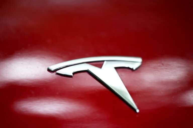 Emblema cromado da letra 'T' da Tesla Motors em uma superfície de carro vermelha.