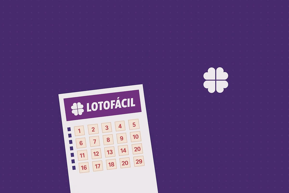 Cartela da Lotofácil sobre fundo roxo com ícone de trevo, representando jogo de loteria e apostas.