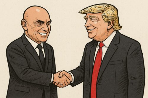 Alexandre de Moraes e Donald Trump apertando as mãos, ilustrando a exclusão de Moraes da lista da Lei Magnetsky