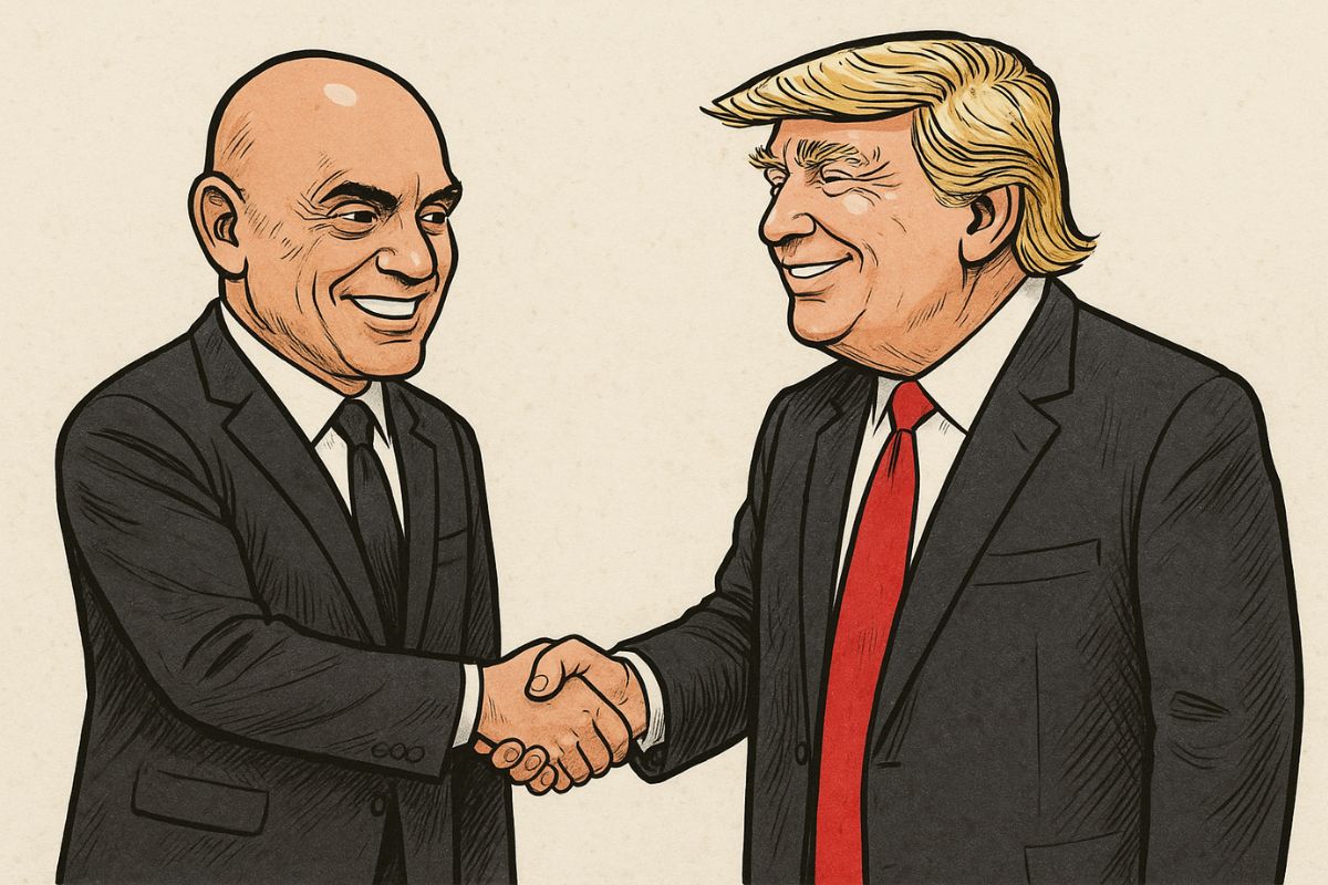 Alexandre de Moraes e Donald Trump apertando as mãos, ilustrando a exclusão de Moraes da lista da Lei Magnetsky