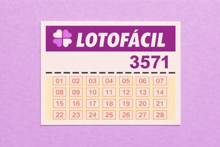 Cartela da Lotofácil com número do concurso 3571 e dezenas organizadas de 01 a 28 em fundo lilás.